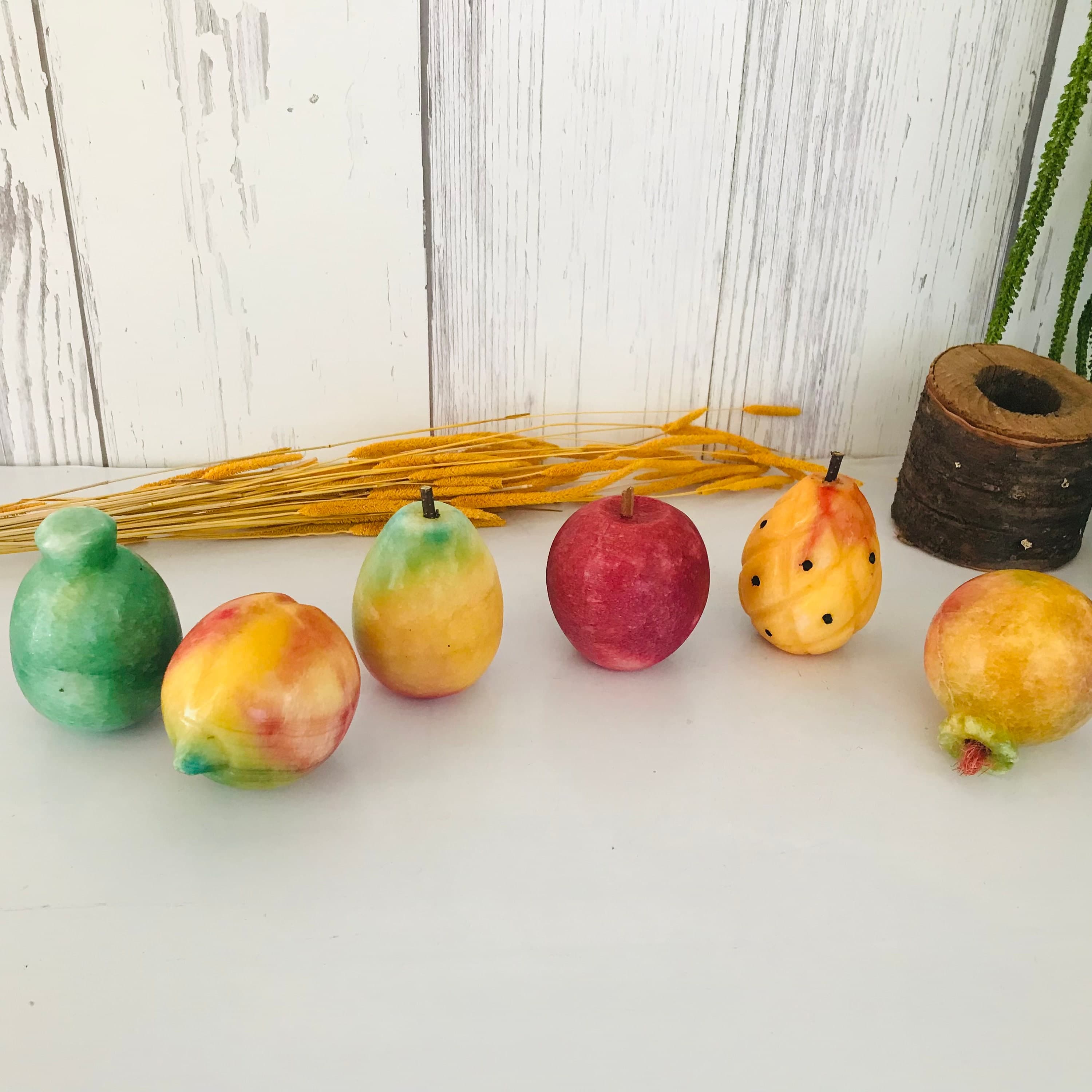 Vintage Italian Alabaster Carved Stone Fruit - Set of 6, Italian Polished Onix Stone Fruits, Apple, Pear, Lemon Onix Fruits, Faux Marble product image